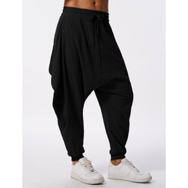 ODIZLI Black Harem Pants Men's Linen Trousers - Summer Baggy Beach Yoga Pants With Pockets, Loose Fit Wide Leg Drawstring 4XL