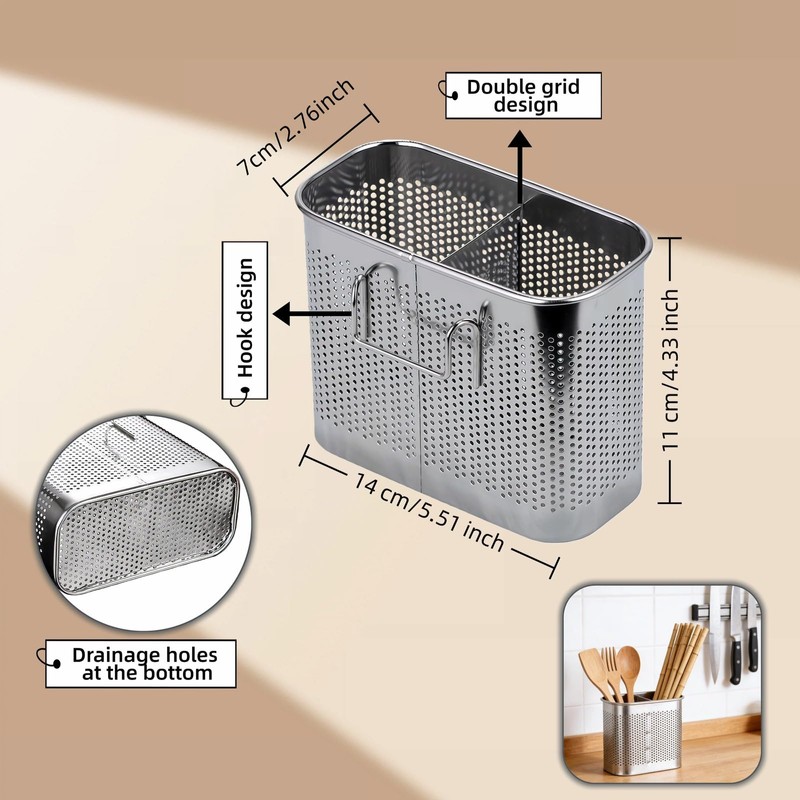SAYUANVA Stainless Steel Kitchen Utensil Holder with Hooks, 2-Tier Stainless