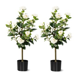 Hylmiip Artificial Camellia Tree 2 Pack, Artificial Plants Outdoor Faux Floral Plant in Cement Pot Fake Silk Camellia Tree Plants for Home House Living Room Office Decor (White, 3FT)