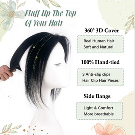 Paraglame 12Inch Hair Toppers for Women With Thinning Hair Real Human Hair Toppers 360°3D Remy Human Topper No Bangs(Natural Black, 12Inch)
