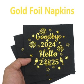 Goodbye 2024 Hello 2025 Napkins New Years Eve Napkins Happy New Year Napkins New Years Eve Party Supplies 2025 New Year Party Decorations Happy New Year Decorations 2025 (5 x 5 in, Gold Foil, 50-Pack)