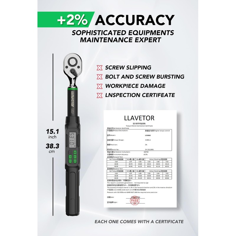 LLAVETOR Digital Torque Wrench 3/8 Drive, 2.2-44.3 ft-lbs,Inch Pounds Electric