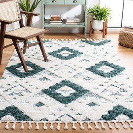 SAFAVIEH Moroccan Tassel Shag Collection Accent Rug - 3' x 5', Green & Ivory, Boho Design, Non-Shedding & Easy Care, 2-inch Thick Ideal for High Traffic Areas in Foyer, Living Room, Bedroom (MTS688Y)