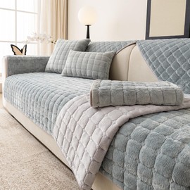 tianxinbaobei Velvet Couch Cover,Faux Fur Couch Cover,Washable Plush Couch Cover,Anti Silp Plush Sofa Cover,Furniture Protector for Pets(Light Blue,36"x82"/4-Seater Sofa Cover)