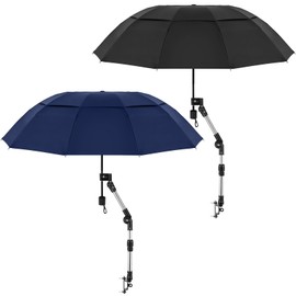 Clysee 2 Pcs Large Double Canopy Beach Chair Umbrella with Clamp Adjustable Folding Portable Chair Umbrella Sun Shade for Outdoor Sports Stroller Golf Cart Patio Fishing Camping(55 Inches,Black, Blue)