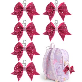OAOLEER 6PCS Glitter Cheer Bow Keychain with Rhinestones, Sparkly Cheer Key Chain bulk for team Cheerleader Keyrings for Teen Cheerleading Sports Accessory (Pink)