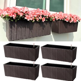 LaLaGreen Wall Planters Outdoor (20 Inch, 4 Pack) Brown Rectangular Window Flower Boxes with Brackets Self Watering System, Vertical Wall Mounted Plant Pot Container Herb Garden Balcony Indoor Decor