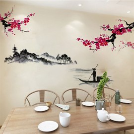 2 Sheets Japanese Style Splash Ink Landscape Painting Wall Sticker Red Cherry Blossom Wall Decals Removable Peel and Stick Mountain River Fisherman Mural for Bedroom Living Room TV Home Decor