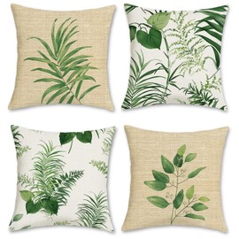 Bonhause Green Leaves Cushion Covers 45 x 45 cm Double Sided Botanical Decorative Throw Pillow Covers Polyester Linen Pillowcases for Sofa Patio Garden Outdoor Decor Set of 4