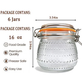 WACOI 16 Oz Glass Storage Jars with Airtight Lids 6 Pack, Wide Mouth Canning Jars with Clip Top Lids for Kitchen Storage Pickling Salad Jams Coffee Beans
