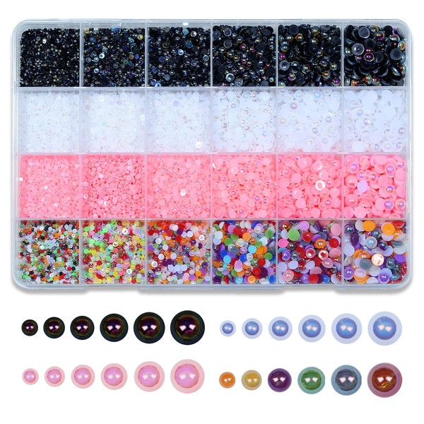 Flatback Pearls for Nails, 4 Colors 18000 Pcs Half Round Pearls Beads Rhinestones for DIY Nail, Phone, Makeup, Shoes, Handmade Art Work Black White Pink Multi