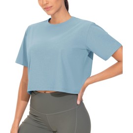 THE GYM PEOPLE Workout Crop Tops for Women Short Sleeve Shirts Loose Fit Yoga Athletic Basic Cropped T-Shirts Ink Blue