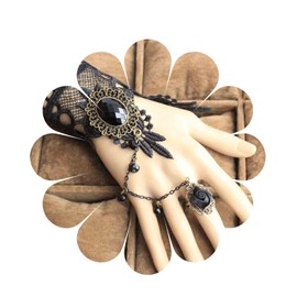 Yheakne Vintage Schwarzer Kristall Finger Armband Schwarzes Spitzenarmband mit Ring Handgelenk Armband Punk Layered Slave Armband Retro Schwarz Handkette Schmuck für Frauen und Mädchen (Spitze A)