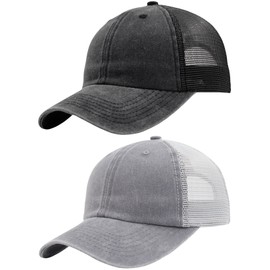 Vintage Washed Snapback Summer Trucker Baseball Hat for Women, Unstructured Cotton Crown/Soft Mesh/Flexible Visor/Foldbale for Pocket-Black/Grey