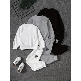 Fdqin Boys Clothes Set 6 Piece Waffle Sweatshirt and Sweatpants Little Boys Fall Winter Clothing White/Grey/Black 4-5 Years