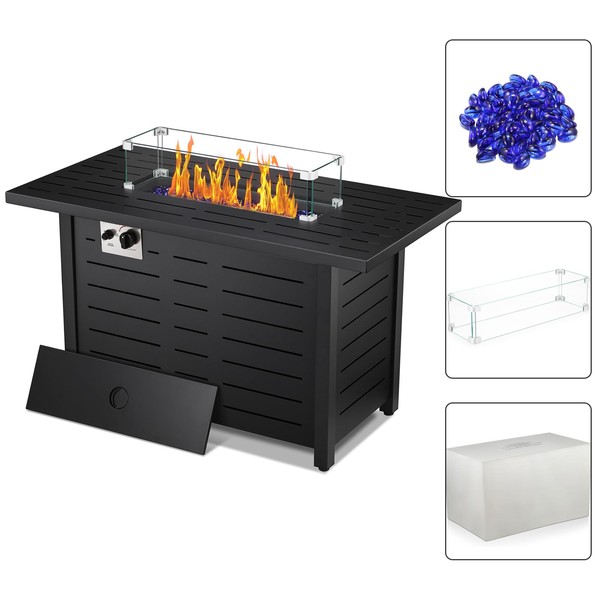R.W.FLAME 43" Fire Pit Table,Propane Fire Pit Table with Blue Glass Rocks and Tempered Glass Wind Guard.Outdoor Gas Fire Pit Table with Lid and Rain Cover,Fire Pit for Garden/Patio/Deck,50000BTU