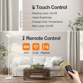 OUTON LED Floor Lamp, 27W/2400LM Modern Torchiere Lamp & 7W/ 400LM Reading Lamp, Bright Dimmable Standing Tall Lamp with 4 Color Temperature, Remote Touch Control for Living Room Bedroom Office, White