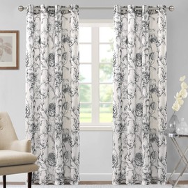 H.VERSAILTEX Boho Floral Linen Curtains, Semi Sheer Light Filtering Curtains, Drapes 84 Inch Length 2 Panels Set, Grommet Top Farmhouse Vintage Curtain, Print Pattern Treatments for Bedroom, Black