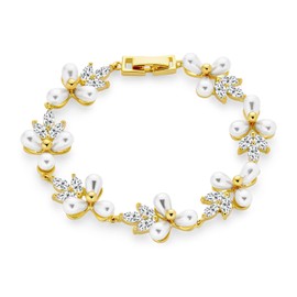 Bridal Wedding Multi Flowers CZ Leaf Genuine White Freshwater Cultured Pearl Bracelet For Women 18K Gold Plated 7 Inch