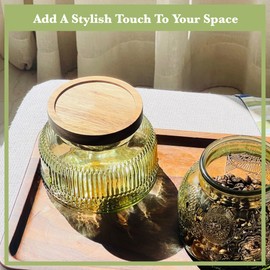 Decorative Green Glass Jar with Airtight Wooden Lid 25.4 oz, Wide Mouth Vintage Kitchen Food Storage Container for Cookie Candy Honey Flour Spice Coffee Tea, Home Decor Sand Candle Holder Vase