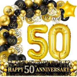 50th Golden Wedding Anniversary Decorations - Black Gold Happy 50th Anniversary Yard Banner and 59pcs Foil Number 50 Balloons
