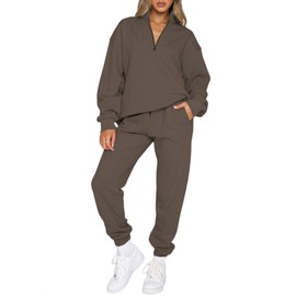 Aleumdr Womens Half Zip Pullover Long Sleeve Sweatshirt Jogger Pants Lounge Sets 2 Piece Outfits Sweatsuit with Pockets Brown Large
