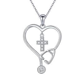 Flyow Nurse Necklace for Women, 925 Sterling Silver Cross Stethoscope Necklace Nurse Doctor Jewelry Gifts for Nurse Doctor Graduation Medical Student