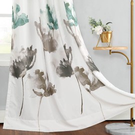 VOGOL Floral Printed Curtains, 84 Inches Long Watercolor Lotus Privacy Window Treatments, Botanical Drapes for Bedroom Study Room, Grey and Teal, Grommet