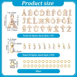 PH PandaHall Dangle Nail Piercing Charms 26pcs Dangle Letter Nail Charms 20pcs Number Nail Charms, Gold Rhinestone Charms for Nails with 30pcs Jump Rings for Birthday Nail Art Decoration