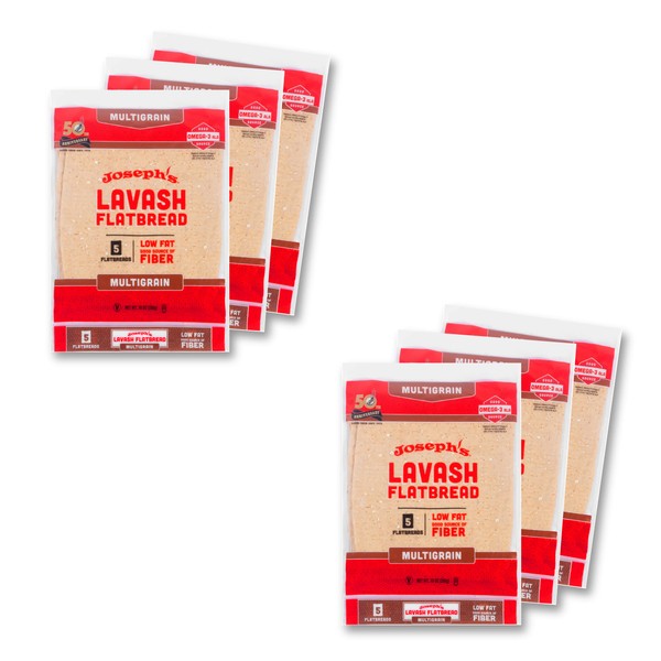 Joseph's Lavash Bread Value 6-Pack, Multigrain, Reduced Carb, Low Fat and Good Source of Fiber (5 Flatbreads per Pack, 30 Total), Fresh Baked
