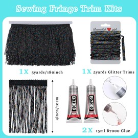 Yhsheen Rainbow Glittery Fringes, 5 Yards X 4 Inch Fringe Trim with B7000 Glue, Tassels Trim for Crafts Sewing Fringe Trim by The Yard for Clothing Curtain