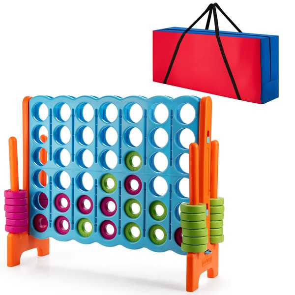COSTWAY Jumbo 4-to-Score Giant Game Set with Storage Carrying Bag, 4 in A Row for Kids and Adults, Game Set with 42 Jumbo Rings & Quick-Release Slider, Perfect for Family Game