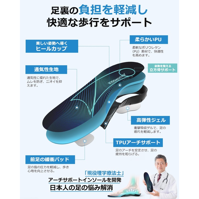 扁平足 インソール, QBK 足底筋膜炎 インソール, 靴 中敷き クッションとサポートを提供, 中足骨痛、外反母趾、腰痛による痛みを軽減, 長時間の立ち仕事や歩行に適しています,