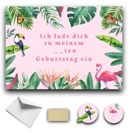 RXLITE Premium Elegant Creative Set Double-Sided with 10 Tropical Birthday Invitations in German: 10 Cards, 10 White Envelopes, 10 Stickers and 10 Gold Stickers