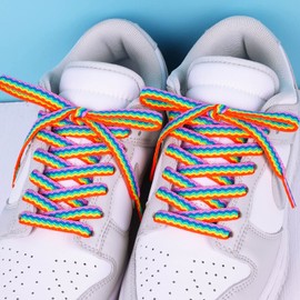 Booyckiy Flat Colorful Fashion Shoelaces, 5/16" Rainbow Stripe Shoe Laces for Sneakers Blue Purple Rainbow 47inch (120cm)