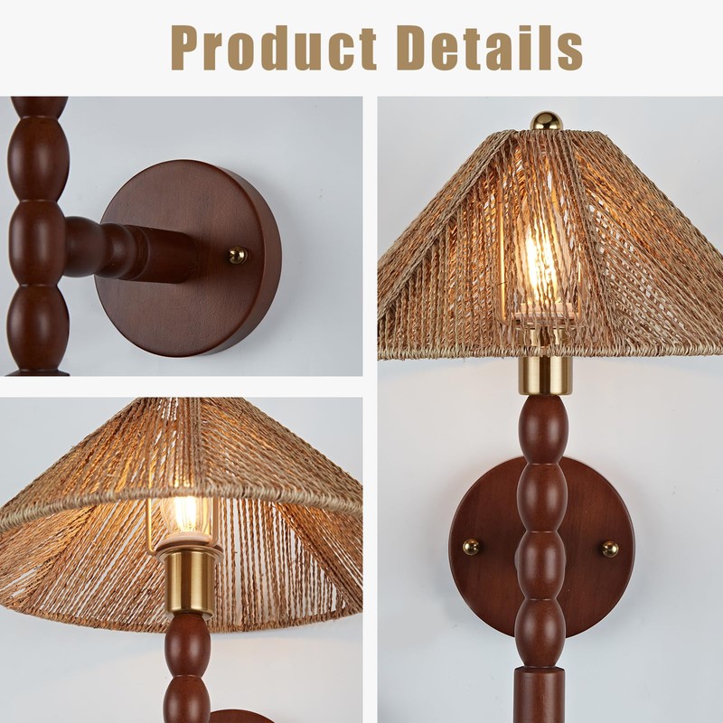 Boho Hand-Woven Rattan Wall Sconce, 11 Inch Rustic Wall Sconce
