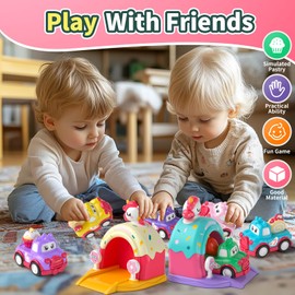 usrela Cartoon Car Baby Toys for 1 2 Year Old Girl|First Birthday Gifts for Toddler Girl Toys Age 1-2|1 2 Year Old Girl Birthday Gift|Pull Back Car Set with Projectile Toys for 12-18 Month