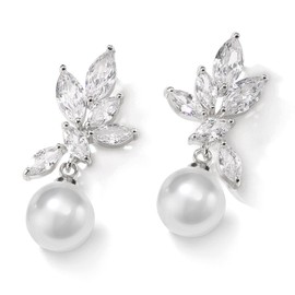 Silver White Pearl Bridal Earrings with Cubic Zirconia Crystal Top Bridal Pearl Drop Earrings Wedding Earrings for Brides Bridesmaids Prom Party Jewelry Gifts