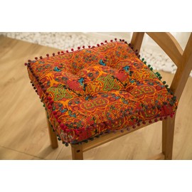 Huierxun Moroccan Printed Square Chair Pads Cotton Linen Soft Comfort Chair Cushion Colorful Pompom Seat Cushions for Indoor Dining Room and Kitchen Chairs (Blue,16x16 Inch)