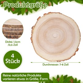 MICHIHOMIE Holzscheiben 4 Stück, 18-20 cm Durchmesser und 15 mm Dicke Baumscheiben Unbehandelte, Baumstamm Scheiben für DIY Basteln, Hochzeit und Weihnachten Deko