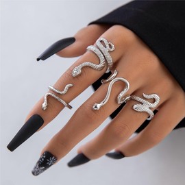Sora Tuki Silver Snake Rings for Women Adjustable Snake Rings Set Silver Snake Jewelry for Women Snake Accessories Animal Reptile Serpent Rings Punk Goth Rings