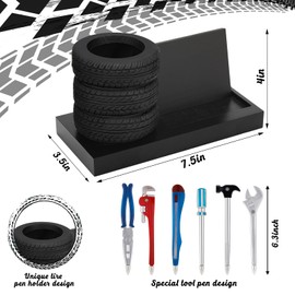 Feifeiya 7 Pcs Tire Shape Stationery Set Wooden Tire Pen Holder Business Card Holder Desktop Novelty Desk Organizer Tool Funny Automotive Desk Accessories for Men Gifts Mechanic Car Lovers (Black)