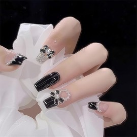 LEVGAL Nail Tips, Medium, Black, Fake Nails, 3D Ribbon, Pearl Included, Short, Popular Nails, 24 Pieces, Japanese Style, Cute, Double-Sided Tape, Stylish, Simple, Coming-of-Age Ceremonies, Weddings, School Entrance Ceremonies, Graduation Ceremonies