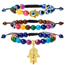 Bivei Evil Eye Bracelet Natural Semi Precious Gemstone Beads Hamsa Charm 7 Chakra Crystal Stone Beaded Adjustable Braided Bracelets for Women Men Yoga Meditation (Chakras Hand of Fatima)