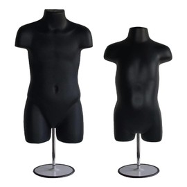 DisplayTown Black Child + Black Toddler Hollow Back Mannequin Torso Set w/ Metal Stand, Metal Pole & Hanging Hooks for Counter Top & Hanging Display, Easy to Assemble, Size 18MO ~ 3T, 5T-7 (Set of 1)