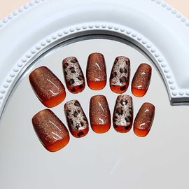 RikView Uñas postizas cuadradas de cobertura completa con acabado ojo de gato, color caramelo, brillantes, para mujer, 15 tamaños (30 unidades/juego)
