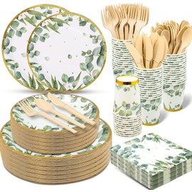 350 Pcs Sage Green Party Plates and Cups Sets,Disposable Paper Plates Cups Napkins Party Supplies,Eucalyptus Plates Dinnerware for Boho Bridal Shower/Baby Shower Theme Party,Serves 50