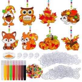 Autumn Sun Catcher Craft Set, 24 Pieces Autumn Decoration Crafts for Children, Pumpkin Hedgehog Owl for Painting, Autumn Window Decoration, Creative Sets, DIY Autumn Window Pictures Craft Set for