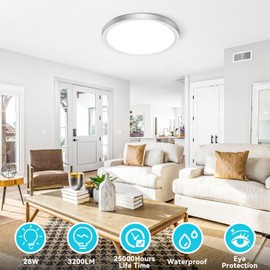 libtit 12 inch Flush Mount LED Ceiling Light Fixture, 3000K 4000K 6500K Adjustable, 28W 3200lm Brushed Nickel Satin Round Lighting Fixtures for Bathroom Shower Hallway Kitchen