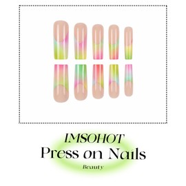 IMSOHOT Press on Nails Long Square Fake Nails Colorful Ombre French Tips False Nails with Designs Full Cover Acrylic Glue on Nails Glossy Stick on Nails for Women 24Pcs